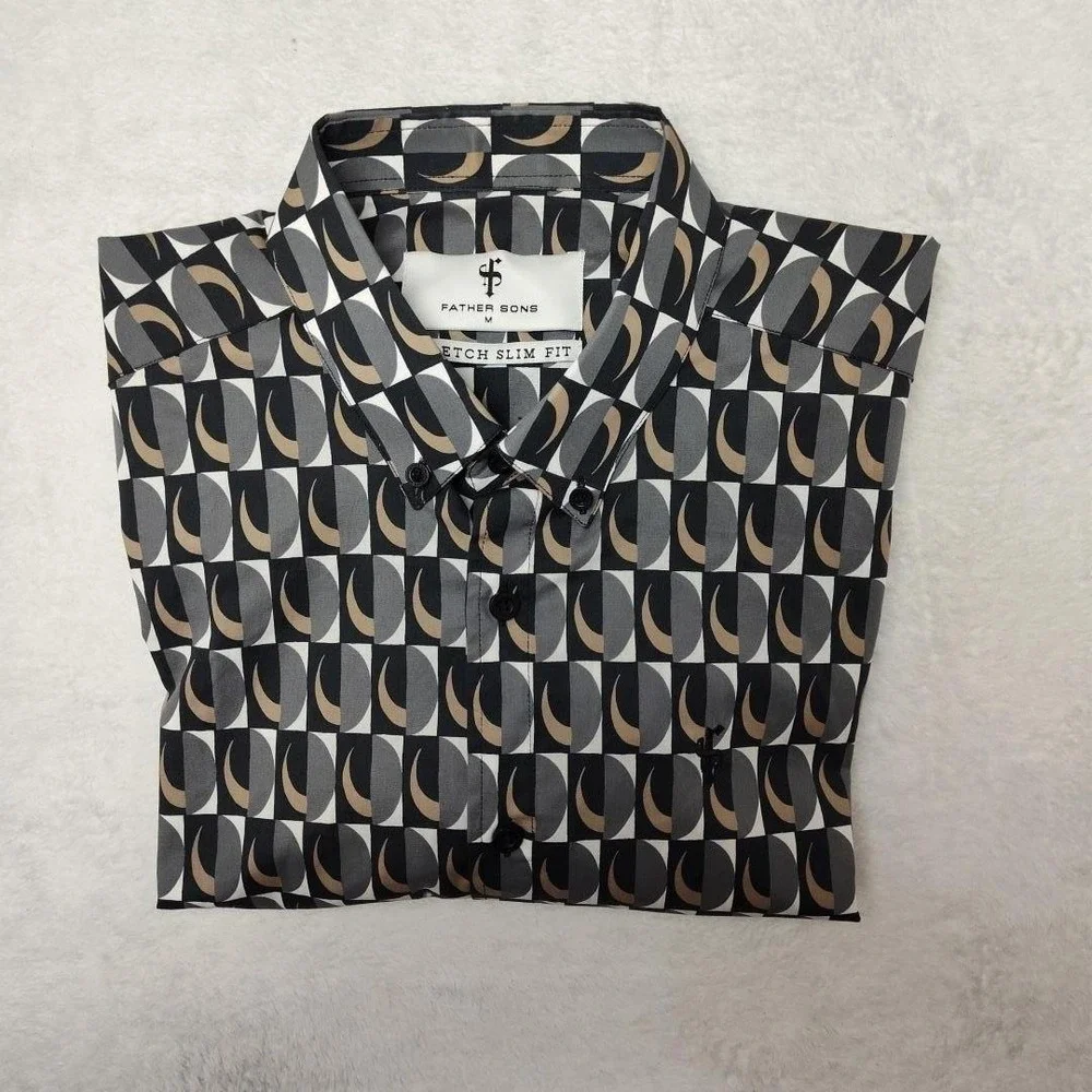Father Sons Shirt Mens Medium‎ Gray Geometric Short Sleeve Button Up Slim Fit